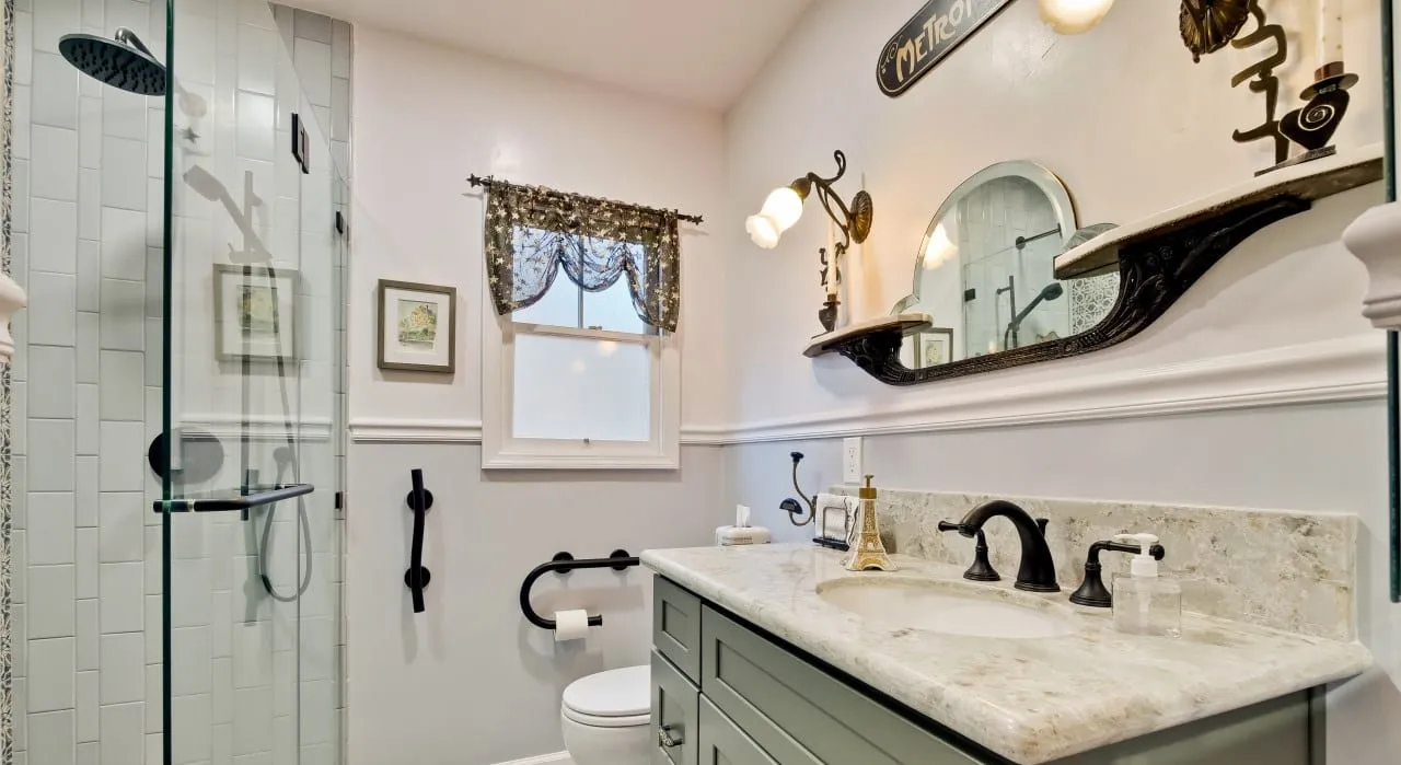 vanity and glass shower