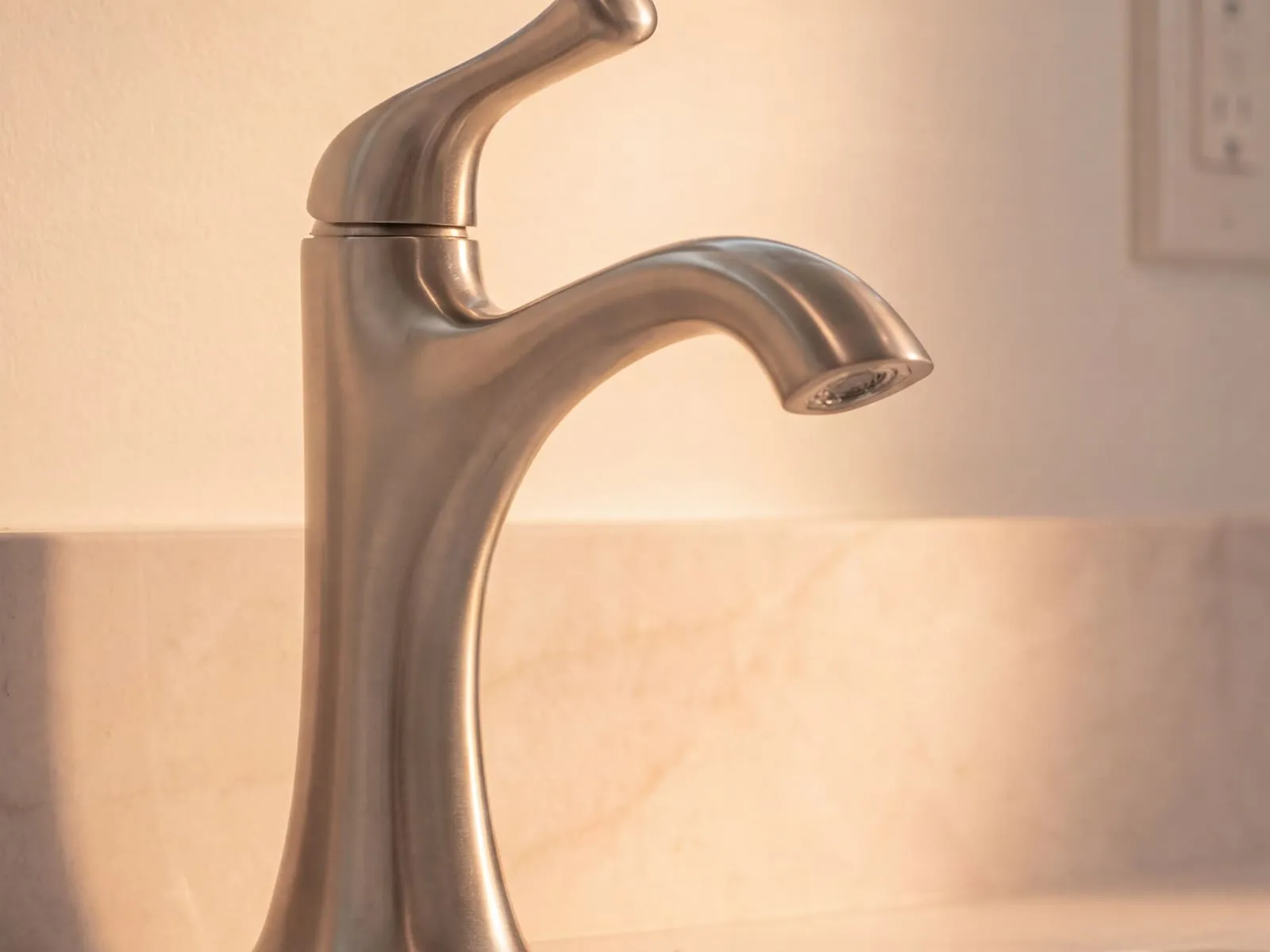 Close view of the brushed-nickel basin tap on the quartz vanity top
