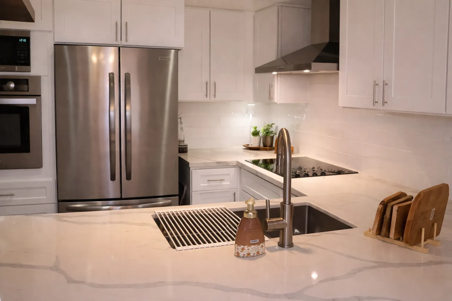 Kitchen counter perspective — marble waterfall