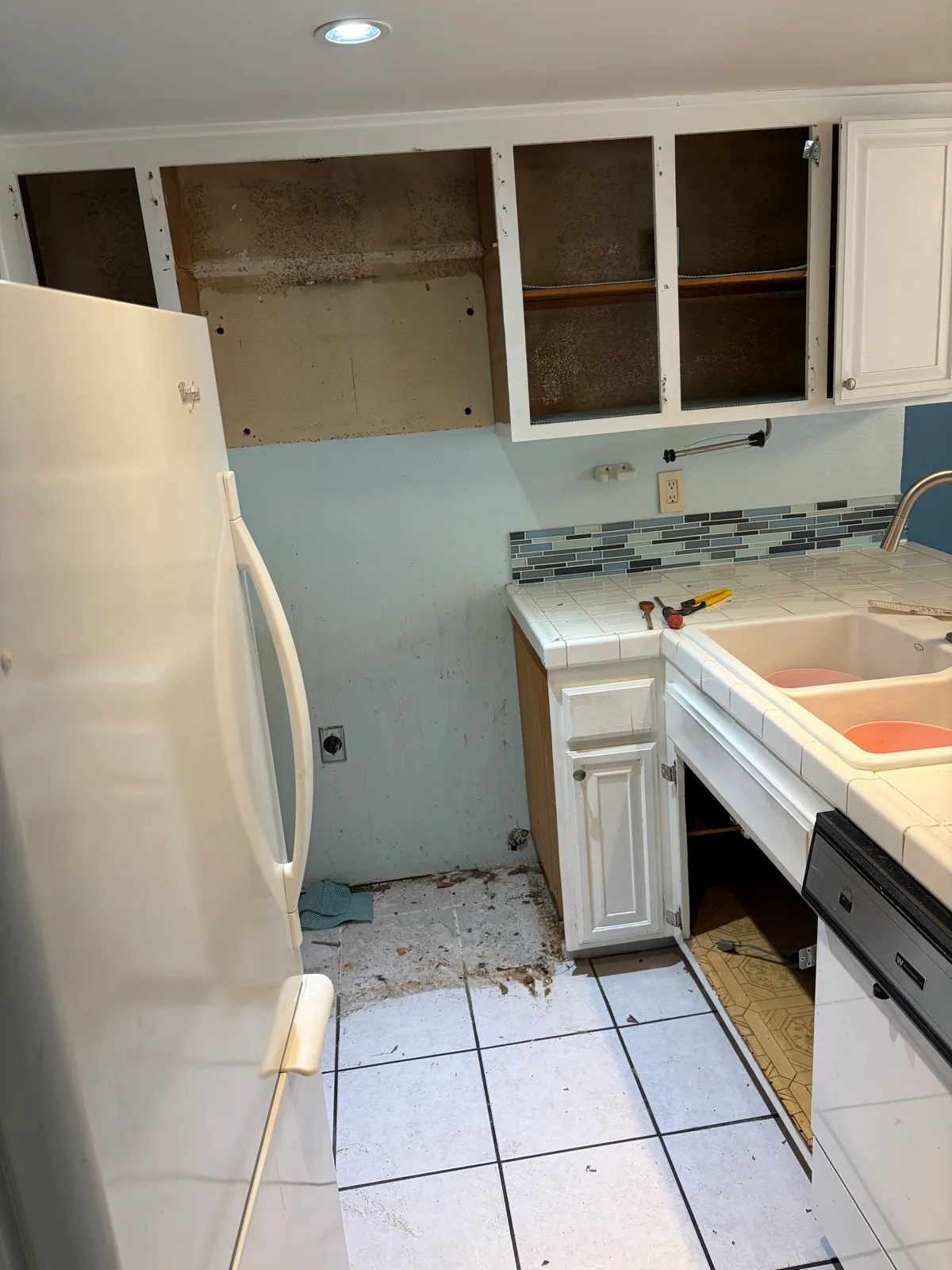 Before / mid-process — cabinet boxes exposed during demo