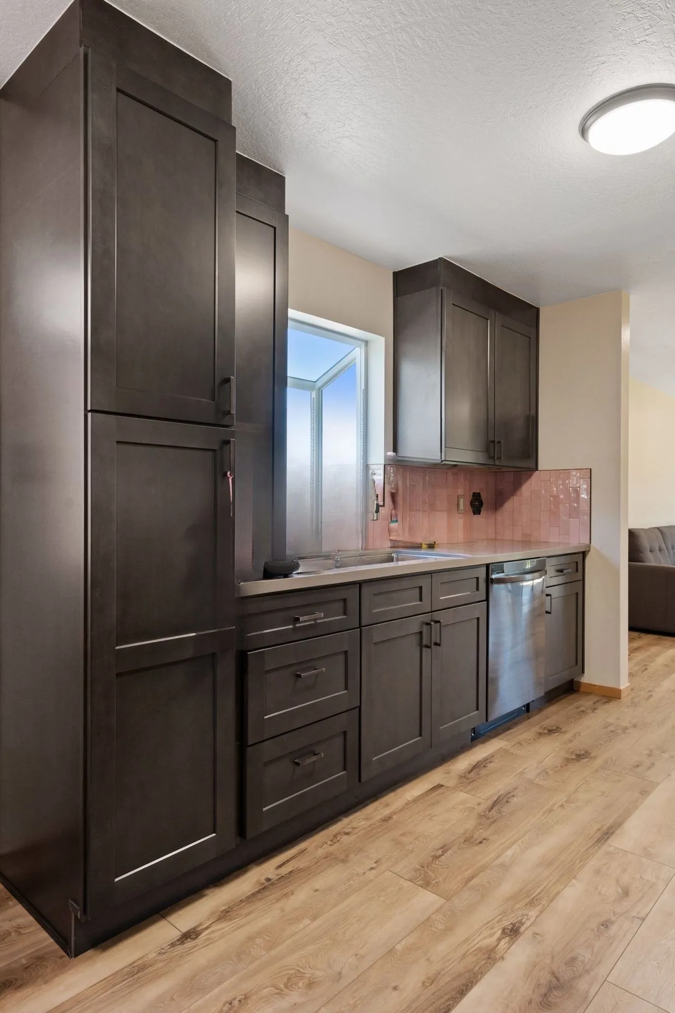 Tall pantry cabinet beside stainless dishwasher in dark shaker finish