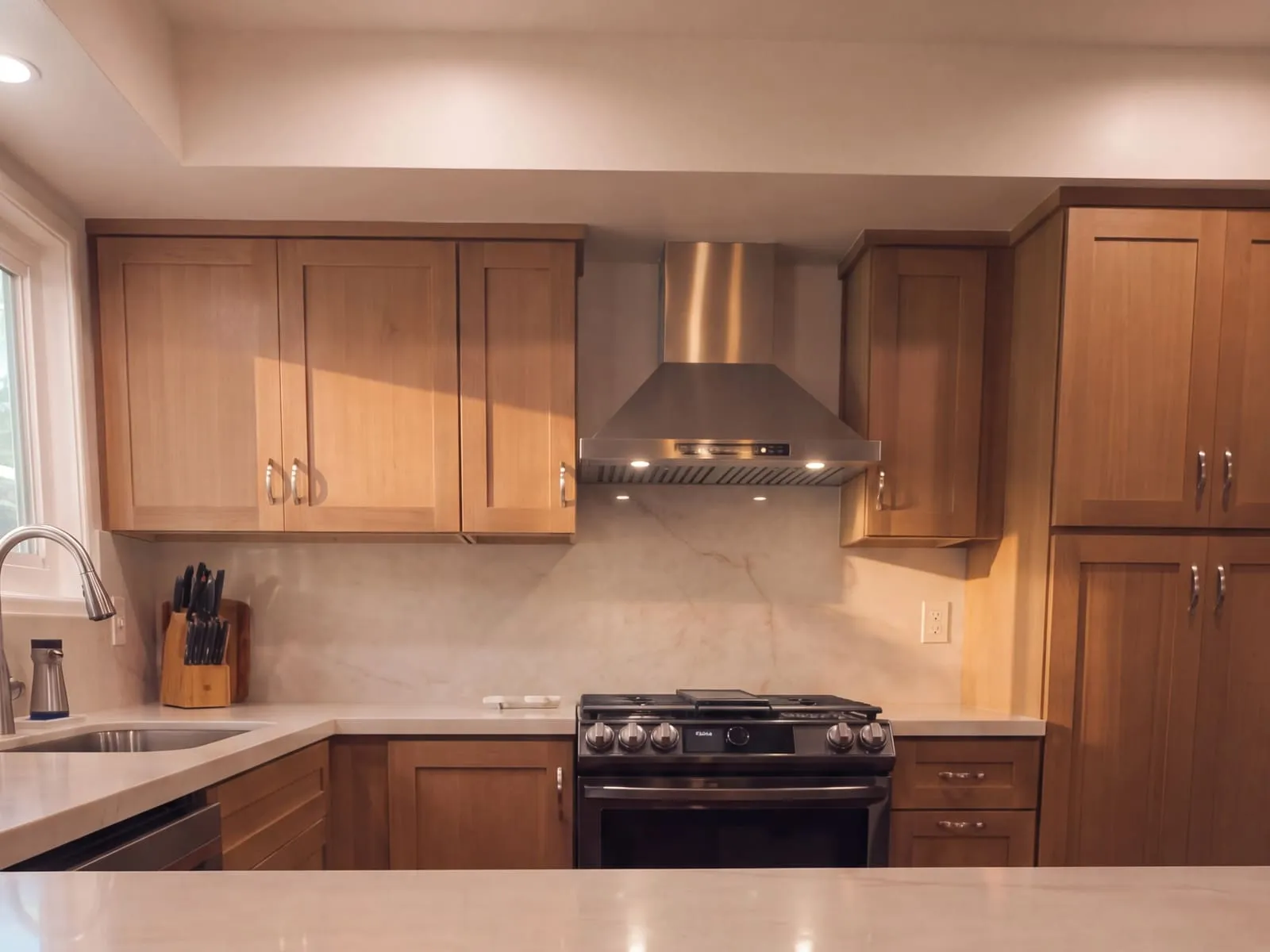 Wide view across the quartz counter to the range wall, with the sink and dishwasher along the far run