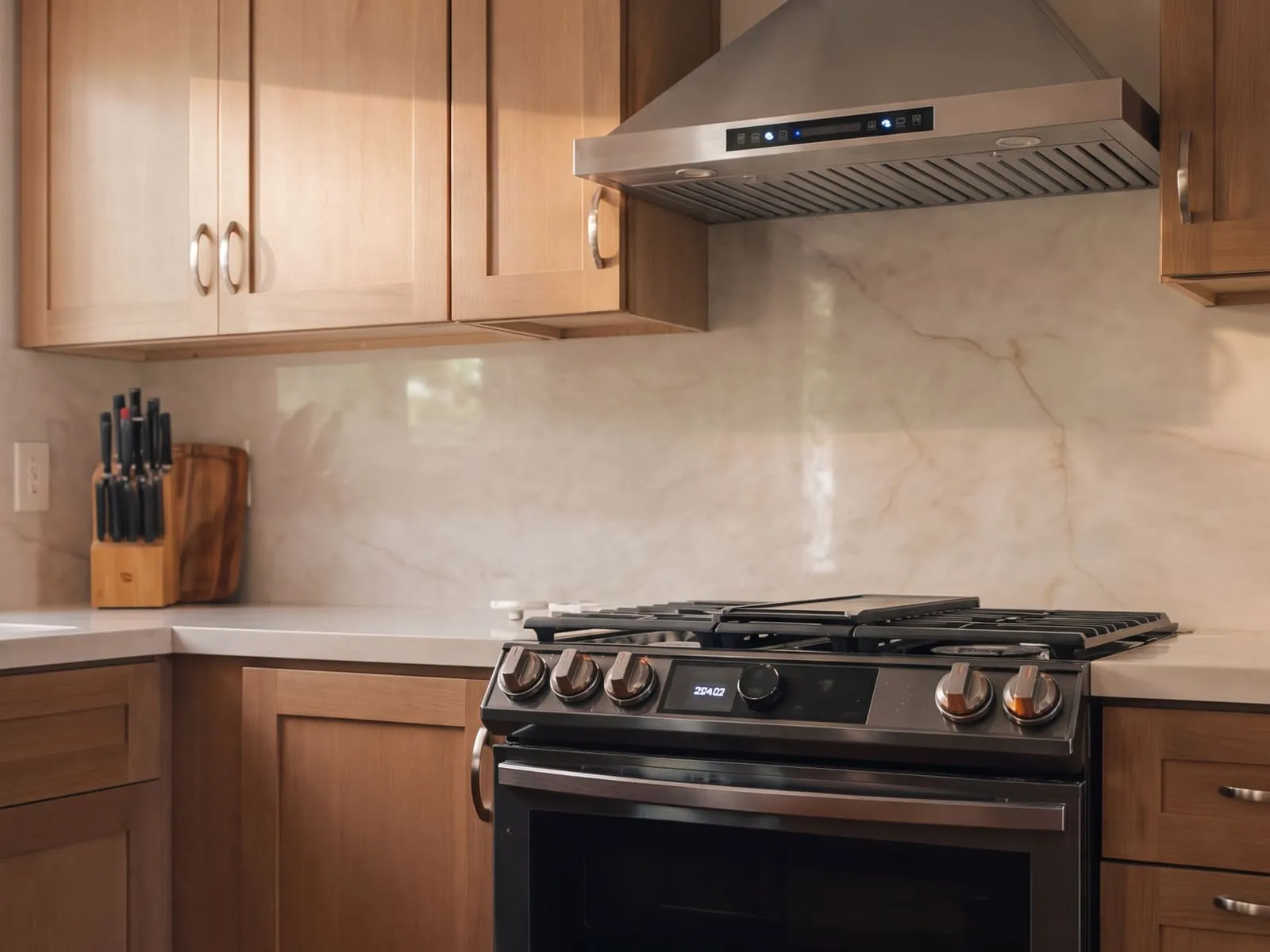 Stainless chimney hood above the gas range, with the quartz slab carried up the full height of the wall