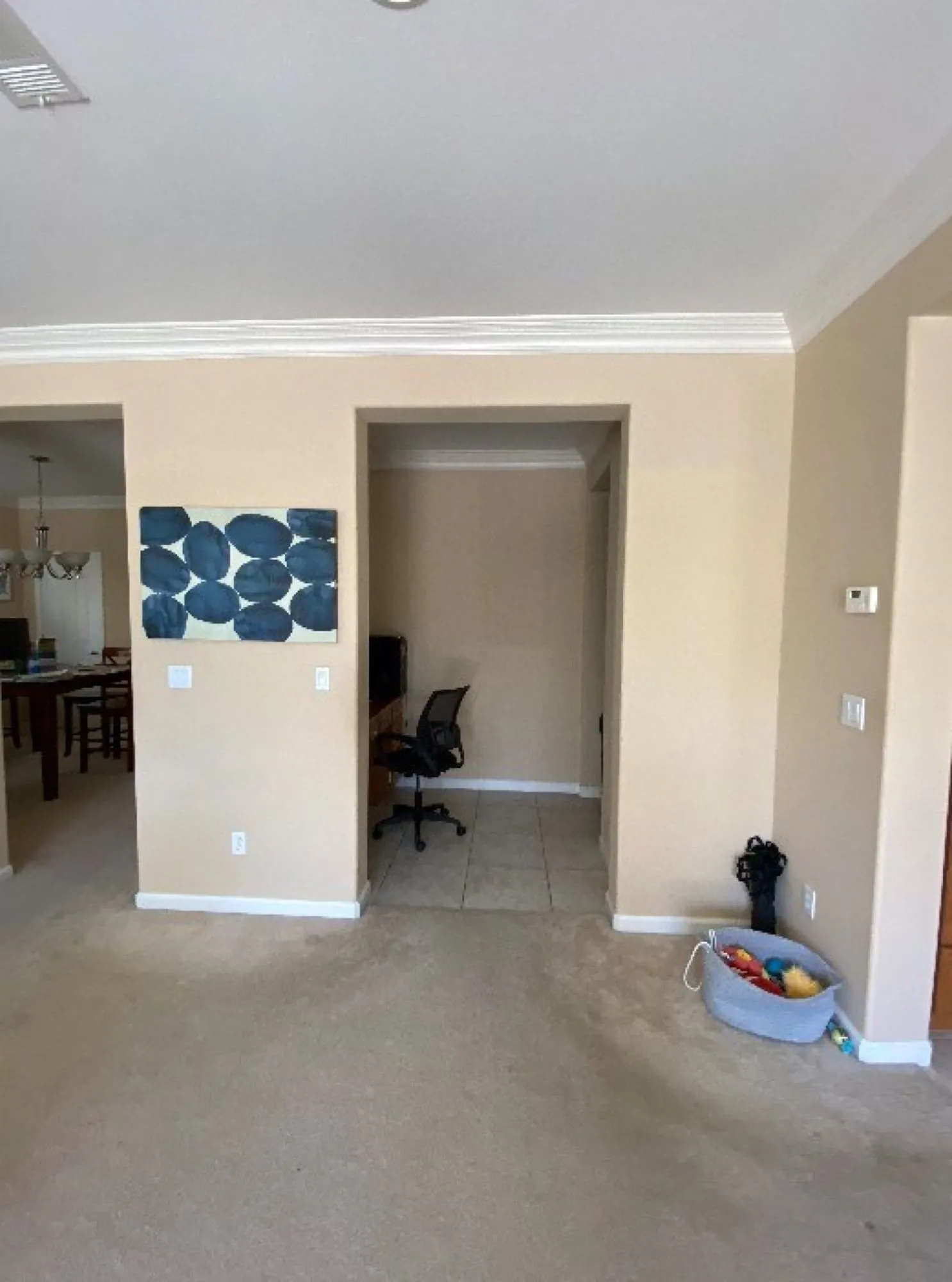 Adjacent living area before remodel, carpet flooring and original wall opening