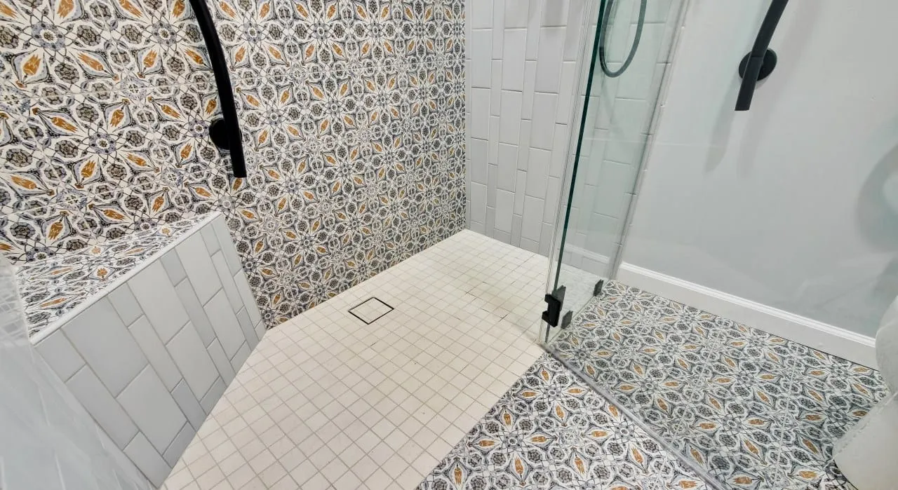 patterned tile and shower glass